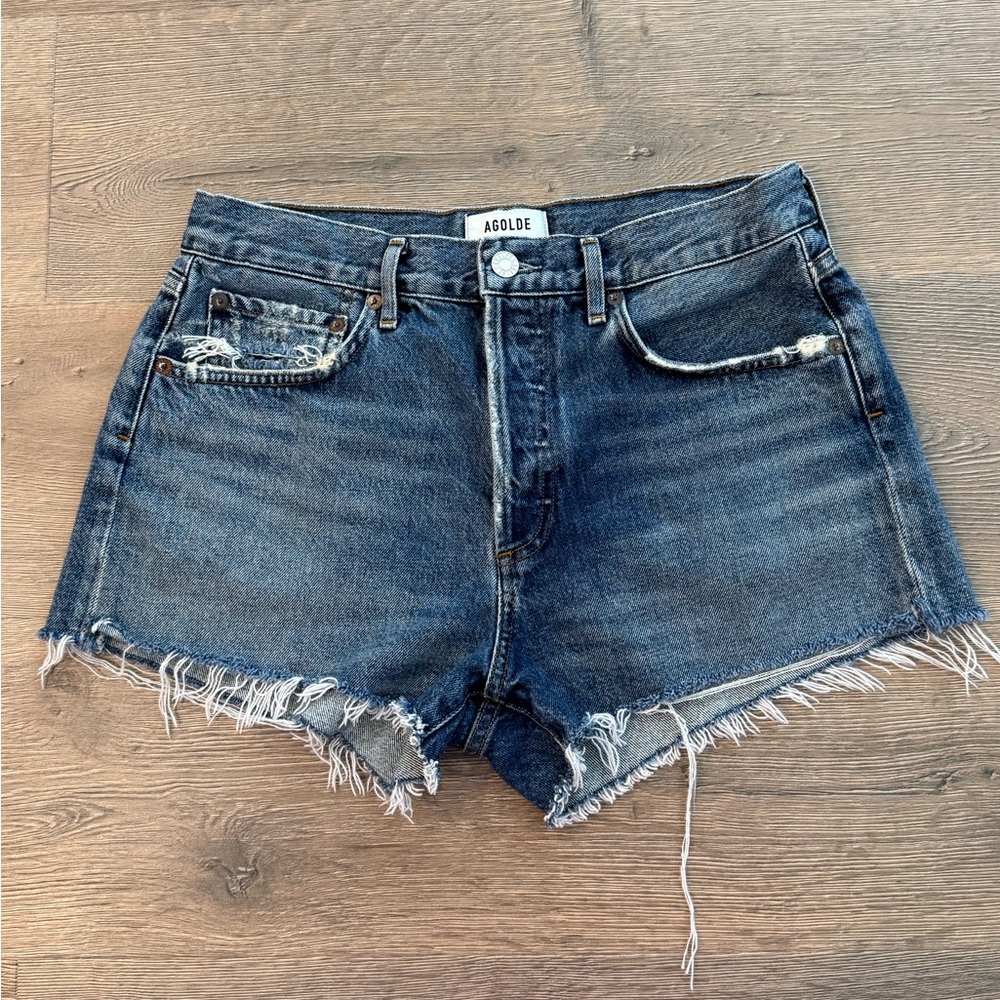 Agolde Parker Cutoff Distressed Medium Wash High Rise Mom Shorts